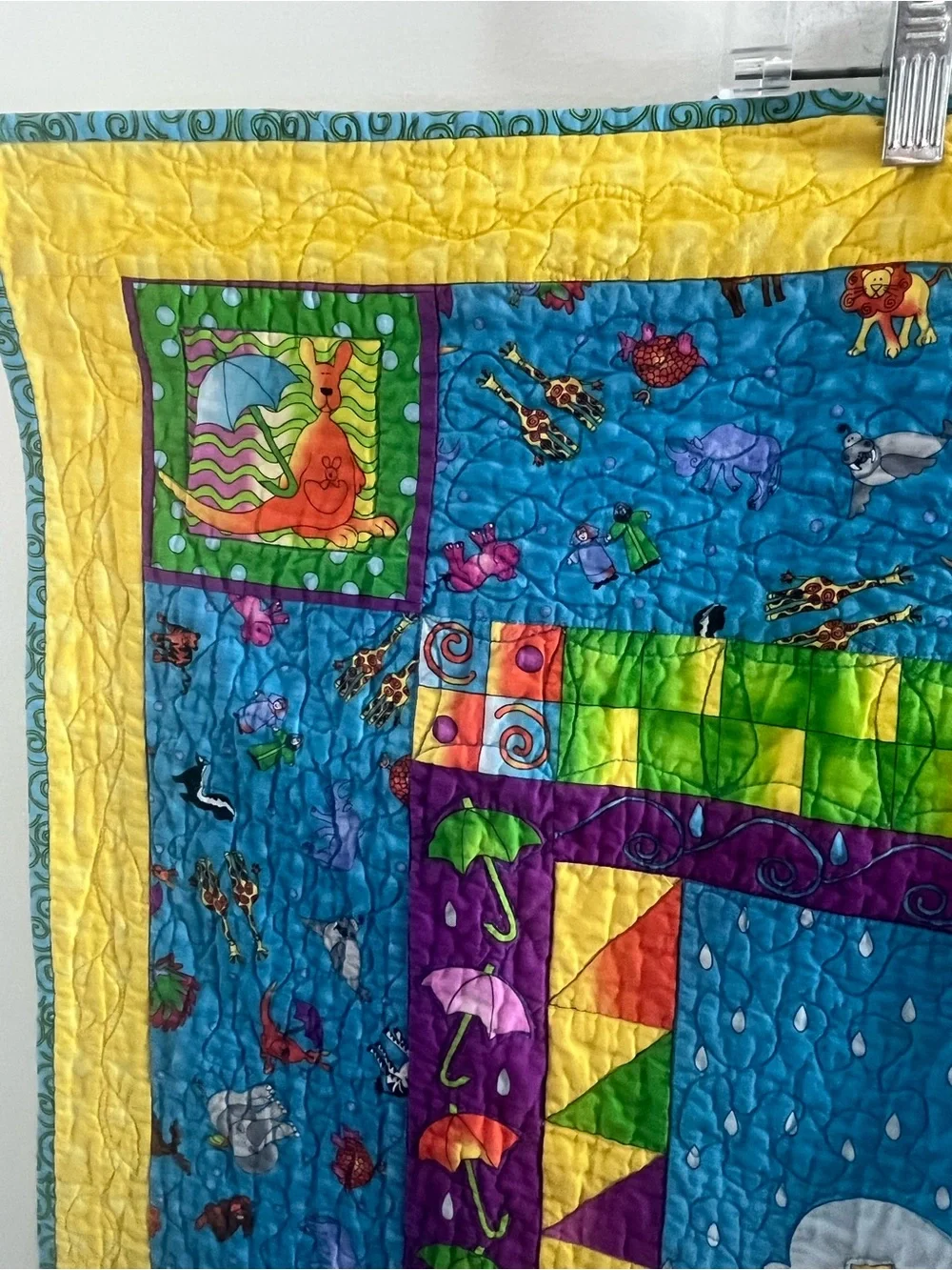 Noah's Ark Baby Quilt - Bright Blue & Yellow Nursery Throw